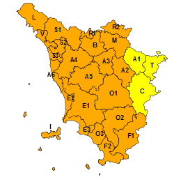 La mappa dell'allerta della Regione Toscana