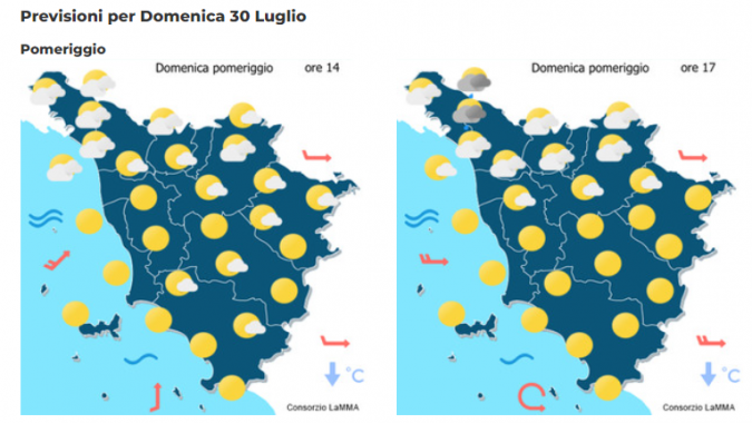 Le previsioni del consorzio Lamma per il pomeriggio del 30 Luglio in Toscana