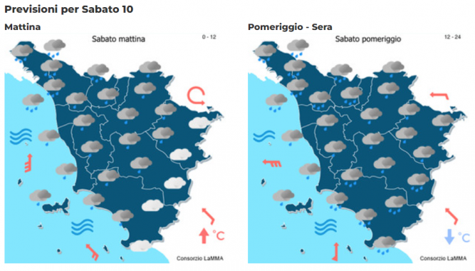 Le previsioni del consorzio Lamma per il 10 Febbraio in Toscana mappa